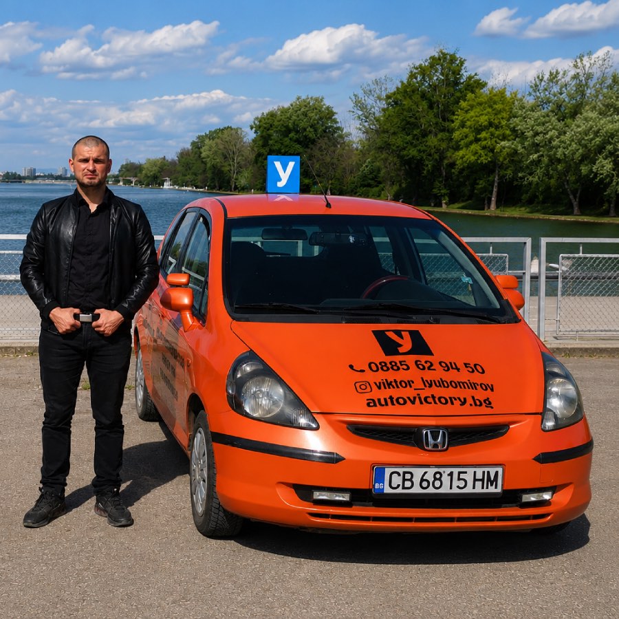 Инж. Виктор Любомиров до учебния автомобил на AutoVictory в Пловдив
